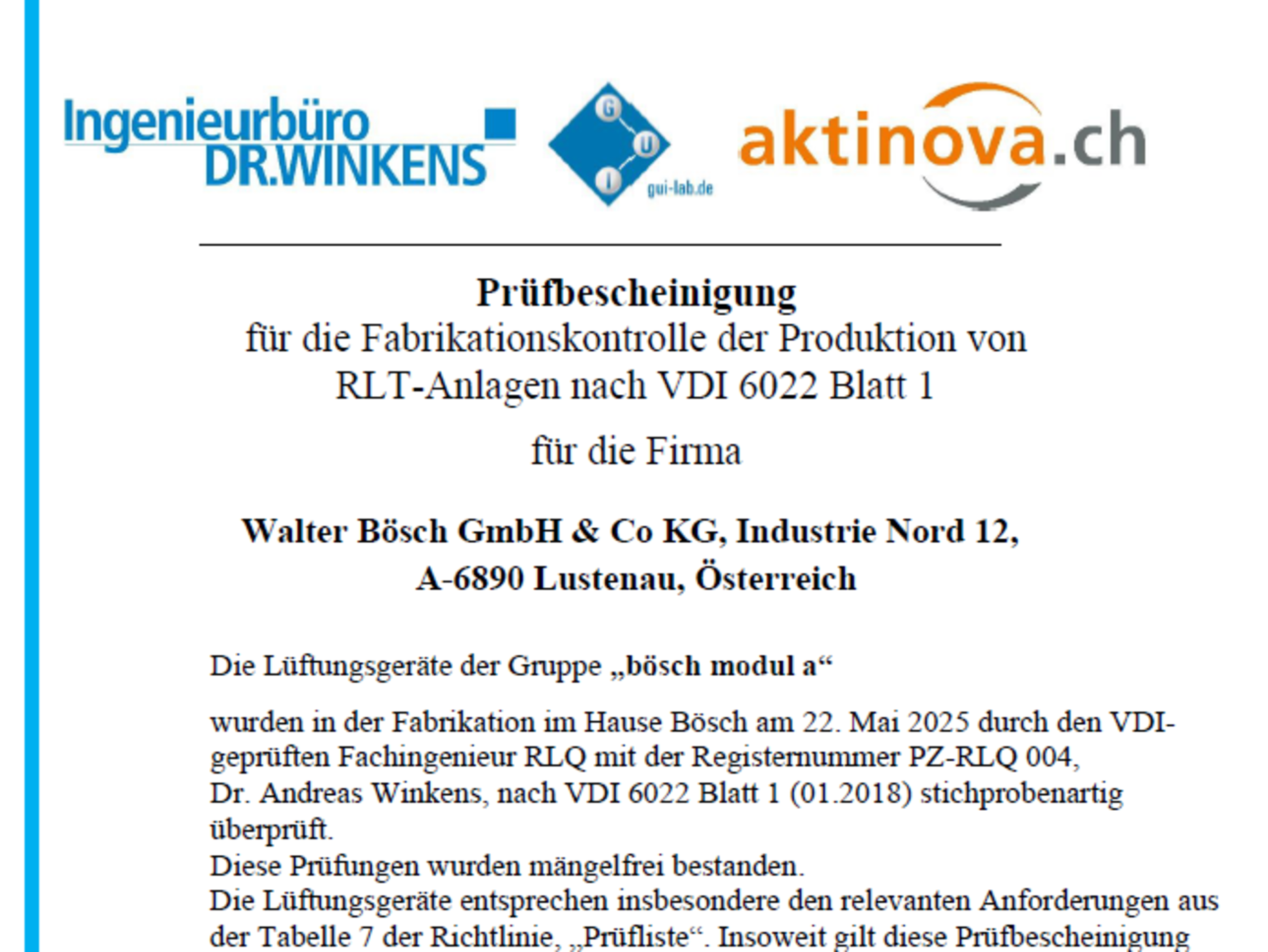 RLT-Anlagen von bösch nach VDI 6022 geprüft
